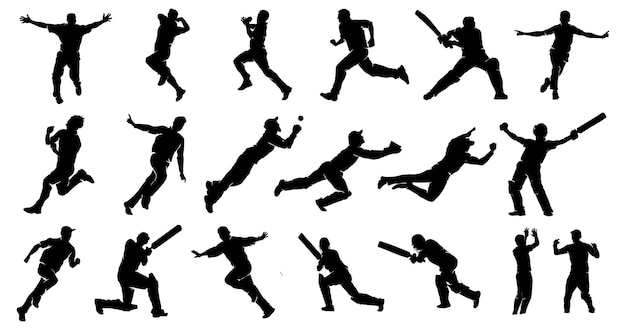 Eine Reihe von Cricket-Spielern, die Bowling-Felder schlagen, die den Ball fangen, der nach Sieg-Silhouetten feiert