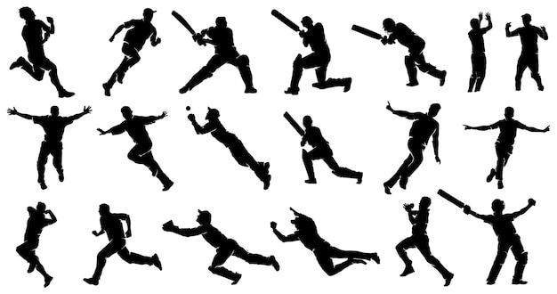 Eine reihe von cricket-spielern, die bowling-felder schlagen, die den ball fangen, der nach sieg-silhouetten feiert