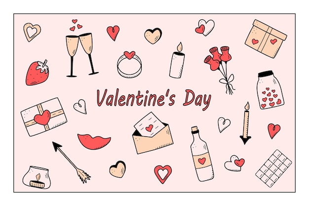 Eine reihe von doodle-symbolen für den valentinstag oder die hochzeit. vektor-illustration von romantischen accessoires kerzenherzen ringflasche und gläser wein, erdbeerschokoladengeschenklippen.