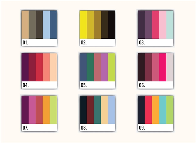 Eine Reihe von Farbmustern mit den Nummern 9, 9, 9, 8, 8, 8, 8, 8, 8, 8, 8, 8, 8, 8, 8,