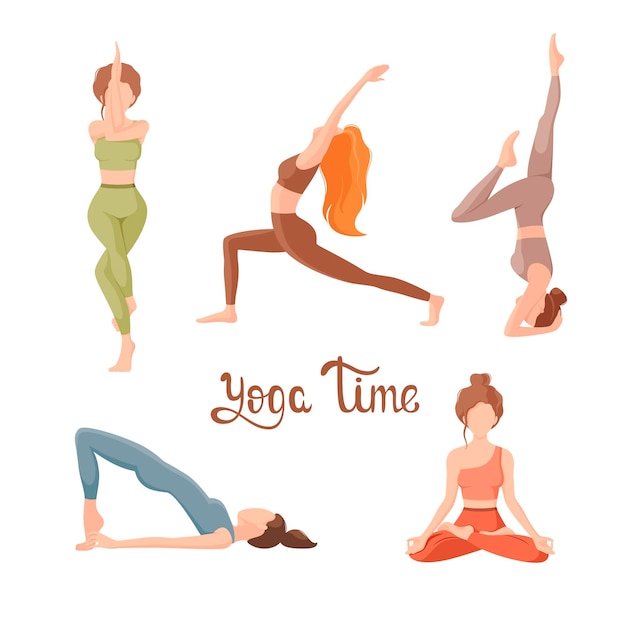 Eine reihe von frauen beim yoga auf weißem hintergrund cartoon-design