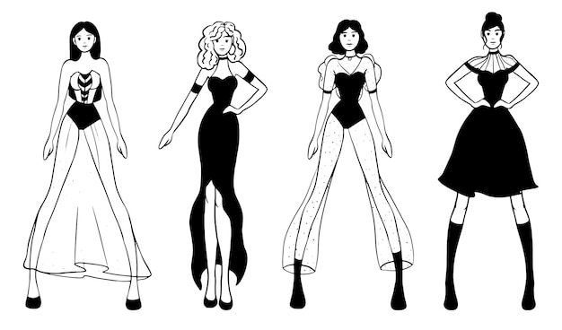 Eine Reihe von Frauen, gekleidet in stilvolle, trendige Kleidung, stilvolle Models, Modemädchen, Skizze