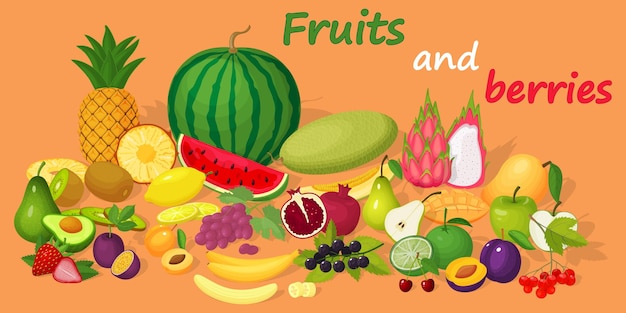 Eine Reihe von Früchten und Beeren Wassermelone, Avocado, Kirsche, Limette, Petay, Birne, Apfel, Pflaume, Aprikosentraube