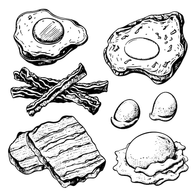 Eine Reihe von Frühstückszutaten, darunter geröstete Brotscheiben, Spiegeleier und Speck, dargestellt in einem handgezeichneten Skizzenstil. Diese Illustration ist ideal für die Verwendung in Menüdesigns und Verpackungen
