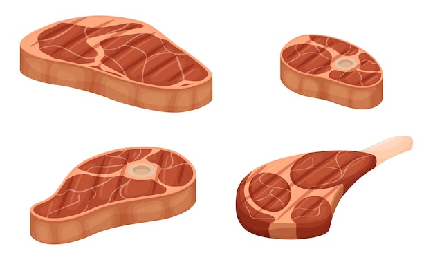 Eine Reihe von gegrillten Fleischstücken mit Fettschichten. Knöchel mit Knochen, Schulterblatt. Gekochtes Fleisch