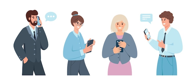 Eine Reihe von Geschäftsleuten mit Smartphones, die Telefone für die Arbeitskommunikation nutzen, reden, chatten und studieren