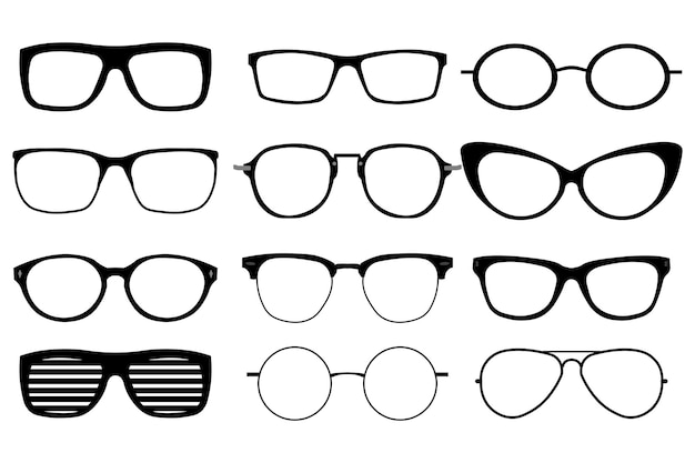 Eine Reihe von Gläsern isoliert Vektor-Gläser-Modell-Symbole Sonnenbrillen-Brille isoliert auf weißem Hintergrund Silhouetten Verschiedene Formen Stock Illustration