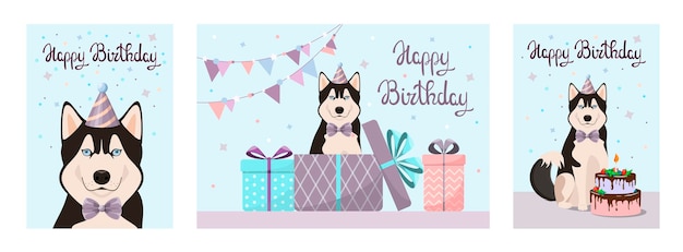 Eine reihe von grußkarten mit einem husky-hund happy birthday cartoon-design