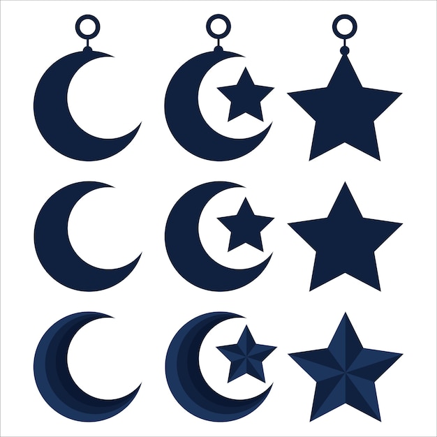 Eine reihe von halbmond und sternsymbolen mit dem mond und sternsymbol. PremiumVektor