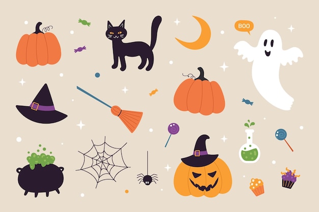 Eine Reihe von Halloween-Elementen Geisterhut, ein Besen, eine schwarze Katze, lustige Kürbisse, ein Kessel mit einem Trank