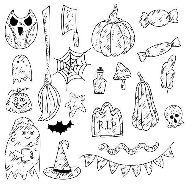 Eine Reihe von Halloween-Illustrationen im Doodle-Stil, Eule, Besen, Kürbisse, Süßigkeiten 