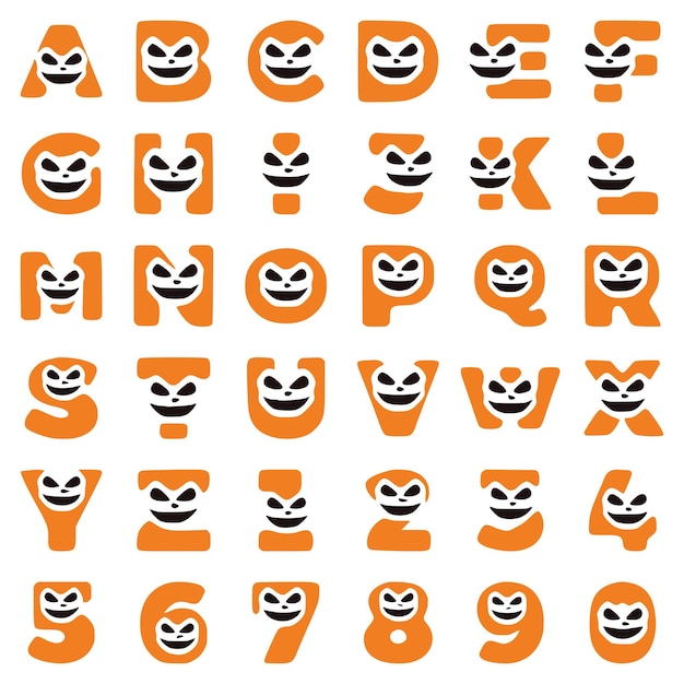 Eine reihe von halloween-zeichen in form von buchstaben und zahlen mit einem verrückten gesicht, vektorclipart.