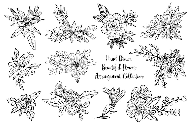 eine Reihe von handgezeichneten Blumenarrangements Strichzeichnungen
