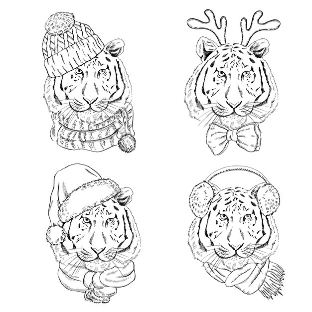 Eine reihe von handgezeichneten porträts eines tigers in gestrickten weihnachtsmützen und schals