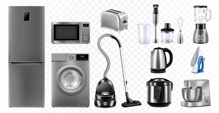 Vektor eine reihe von haushaltsgeräten: mikrowelle, waschmaschine, kühlschrank, staubsauger, multikocher, küchenmaschine, mixer, bügeleisen, toaster. realistischer 3d-vektor, isolierte darstellung