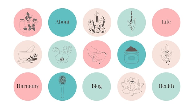 Eine reihe von hellen, einfachen rosa und blauen symbolen für einen blog über kosmetische medizin und psychische gesundheit