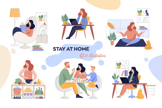 Eine reihe von illustrationen für das stayathome-konzept home office, freizeit, lesen und zeit mit der familie