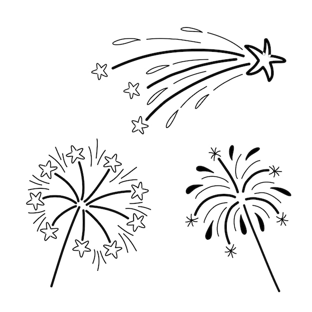 Vektor eine reihe von illustrationen von festlichen feuerwerken und wunderkerzen im doodle-stil. festliches feuerwerk