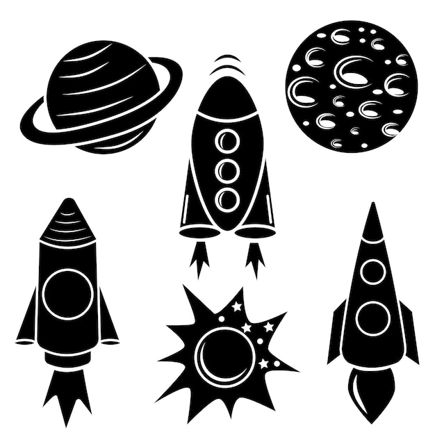 Vektor eine reihe von isolierten ikonen von planeten, satelliten, ufos und raketen vektor-illustration