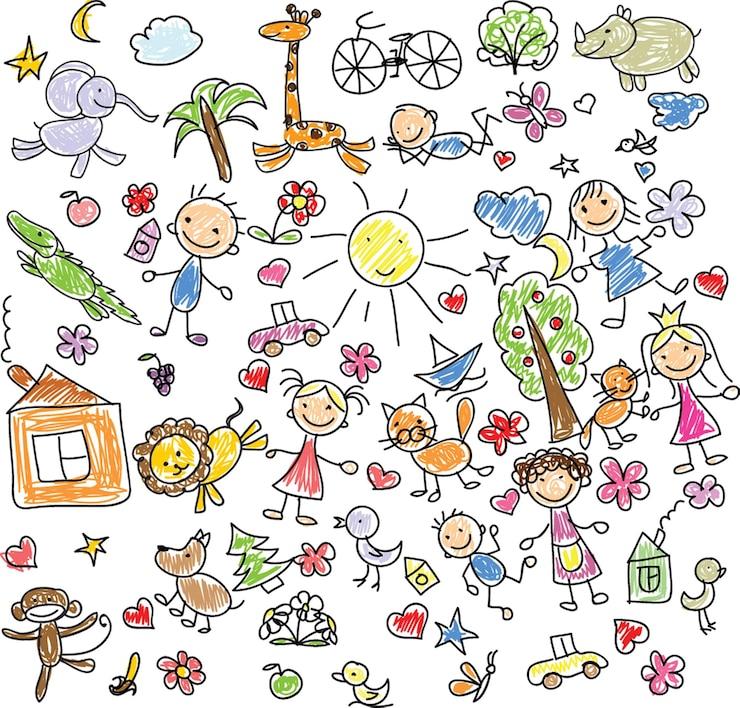 Vektor eine reihe von kinderzeichnungen kid doodle sonne in den wolken sommerblumen und bäume bemalte häuser niedliche katze und andere schwarz-weiße elemente vektor-illustration auf weißem hintergrund