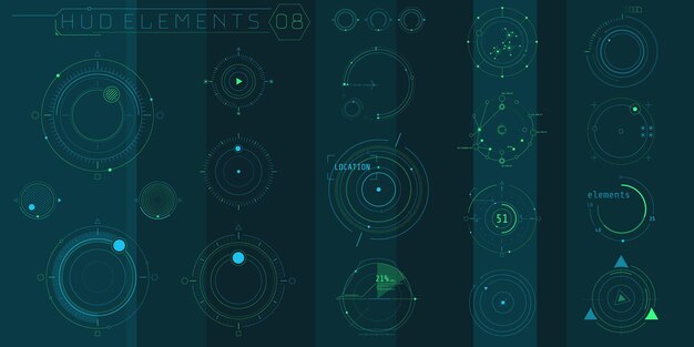 Eine Reihe von kreisförmigen HUD-Elementen für eine futuristische Benutzeroberfläche.