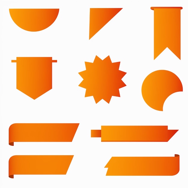 Eine reihe von lebendigen orangefarbenen bannern und abzeichen in verschiedenen formen und stilen