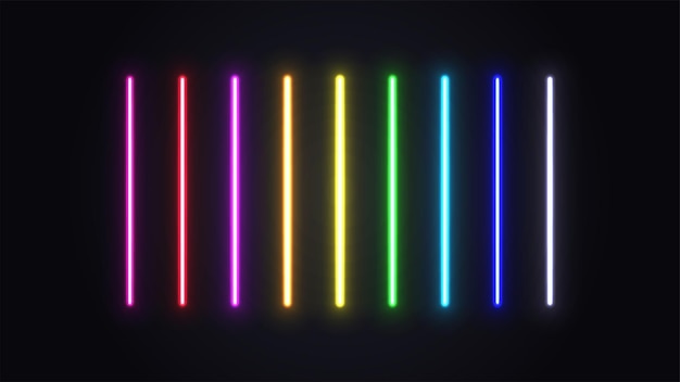 Vektor eine reihe von leuchtenden neonlampen helle, mehrfarbige laser auf dunklem hintergrund