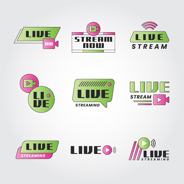 Vektor eine reihe von logos oder abzeichen für live-streaming, die grün und pink sind