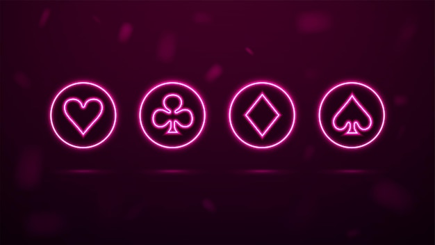 Eine Reihe von Neonsymbolen von Spielkarten in hellen Kreisen für das Casino