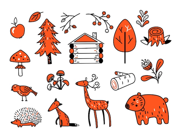 Eine Reihe von niedlichen Waldthemenbildern. Scandi, Doodle-Stil.