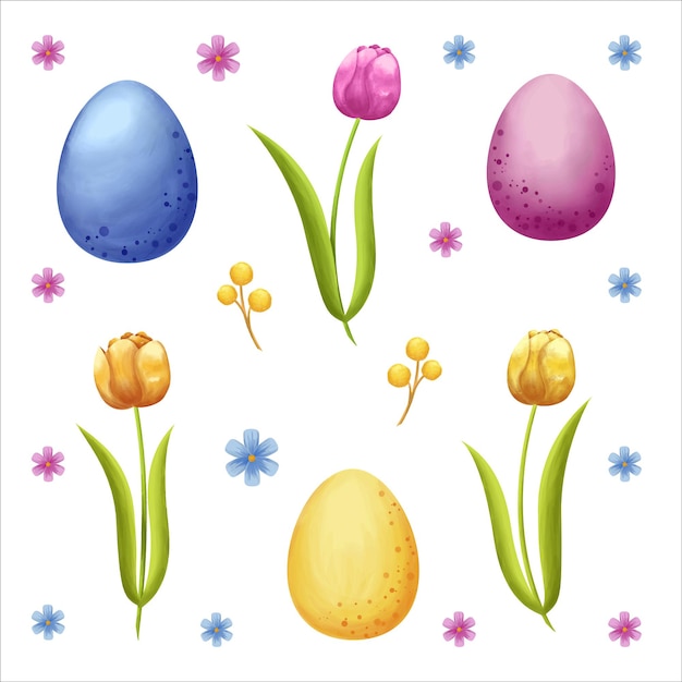 Eine Reihe von Osterillustrationen. Eier, Blumen, Zweige