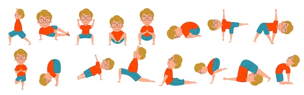 Eine reihe von posen für kinderyoga ein junge mit brille macht yoga