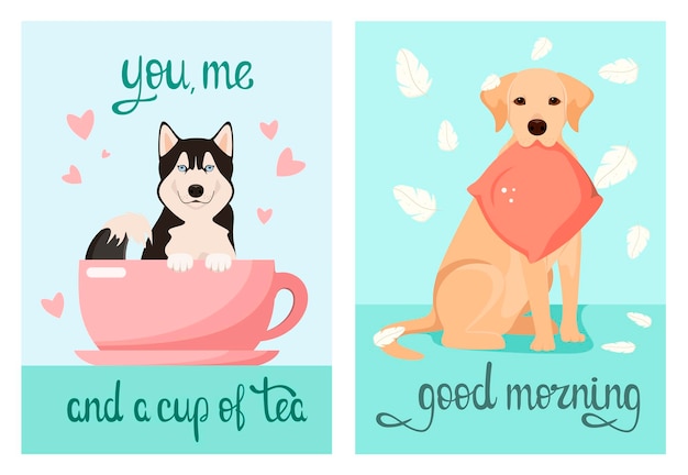 Eine reihe von postkarten mit lustigen hunden cartoon-design