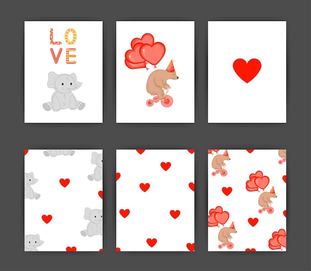 Eine reihe von postkarten zum valentinstag vektor-illustration mit tieren zum valentinstag vorlage für postkarten-flyer-einladungen