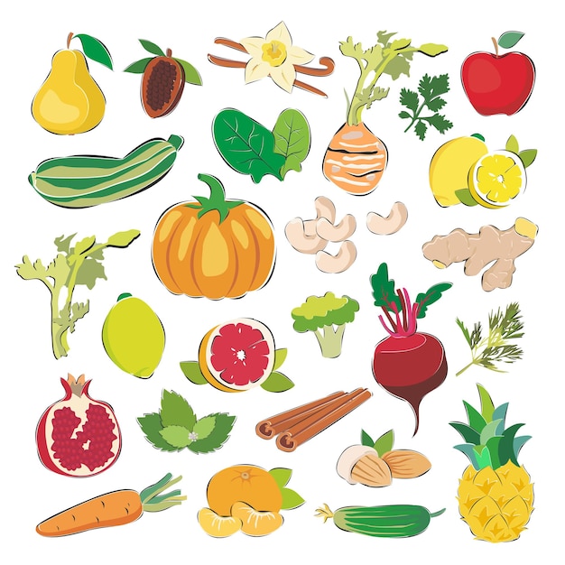 Eine reihe von produkten, vegetarismus, gesunde ernährung, obst, gemüse, nüsse und grüns. cartoon flache vektorgrafiken isolierter hintergrund