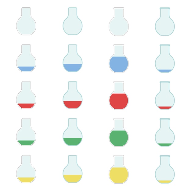 Eine Reihe von Rundkolbensymbolen mit mehrfarbigem Inhalt im Vektor
