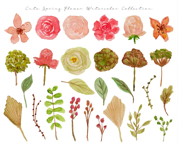 eine reihe von schönen und niedlichen frühlingsrosa und grünen blumenaquarellen
