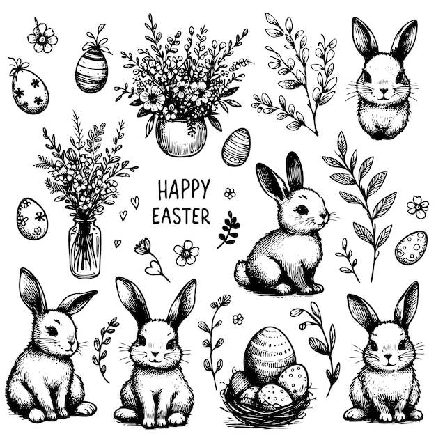 Vektor eine reihe von schwarz-weiß-zeichnungen von kaninchen