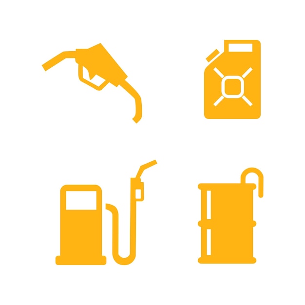 Eine Reihe von Symbolen für Gas, darunter eine Zapfsäule, eine Flasche Benzin, ein Strohhalm und eine Flasche Flüssigkeit