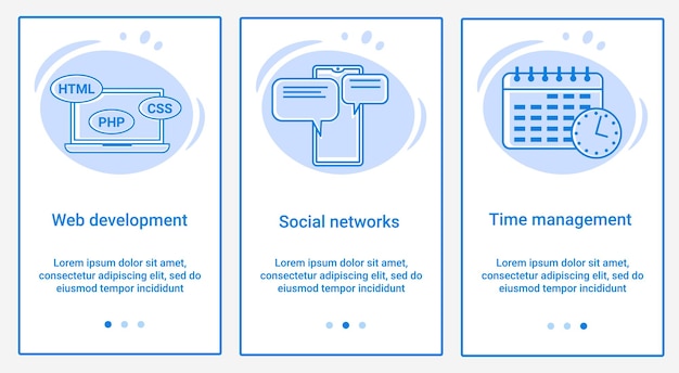 Eine Reihe von UI- und UX-Schnittstellen. Das Thema ist Webentwicklung, soziale Netzwerke und Zeitmanagement