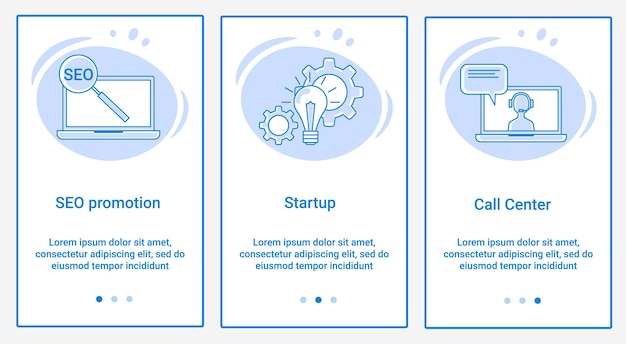 Eine reihe von ui- und ux-schnittstellen für die benutzeroberfläche thema seo-förderung startup und call center