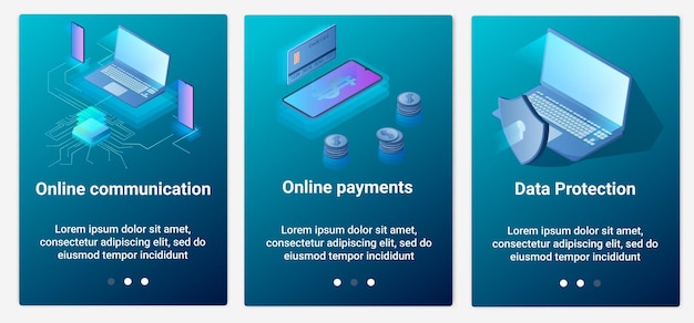 Eine reihe von ui- und ux-schnittstellenonline-kommunikationdatenschutz und zahlungsschutz