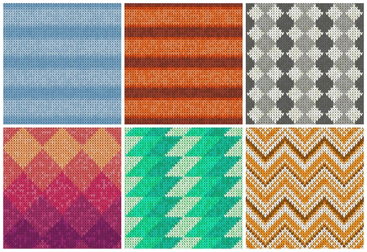 Vektor eine reihe von vektorgeometrischen mustern mit gestrickter klassischer textur gestrickter realistischer vektor nahtloser hintergrund für banner-website-grußkartentapete