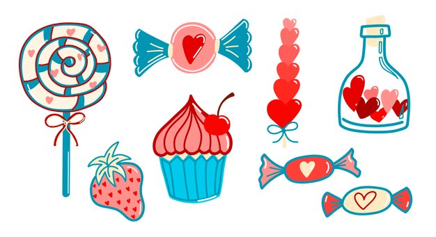 Eine Reihe von Vektorillustrationen, Kuchen, Karamellen, Erdbeeren, ein Karamellstab im Stil eines Doodles, der Stil der 80er Jahre, Valentinstag, romantische Illustration für Postkarten, Poster, Aufkleber