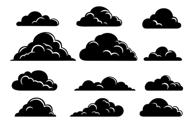 Eine Reihe von Wolken am Himmel in schwarzer Silhouette Sammlung verschiedener Wolkenformen Icon