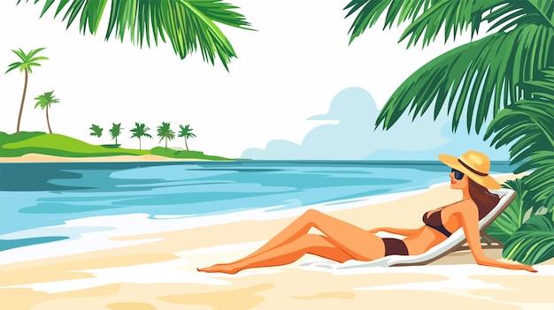 Eine ruhige Frau, die sich an einem abgelegenen Strand sonnenbadet