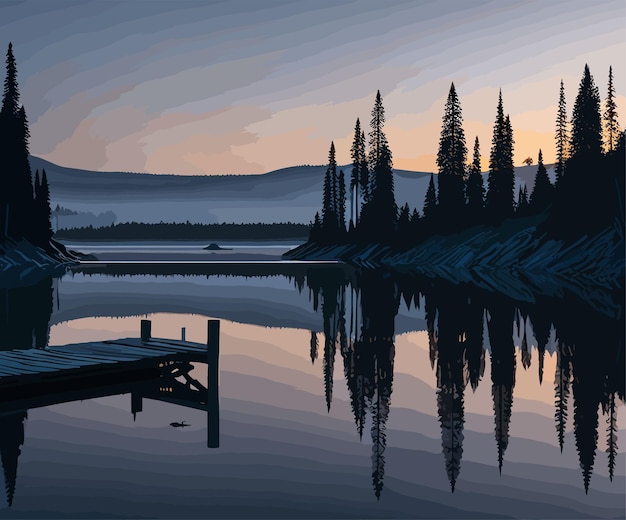 Vektor eine ruhige szene am see am morgengrauen mit nebel, der sich aus dem ruhigen wasser erhebt, ein rustikaler holzhafen und ein