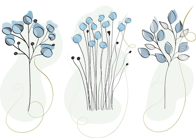 Eine sammlung linearer, minimalistischer blauer blätter und kräuter. botanische vektorillustrationen