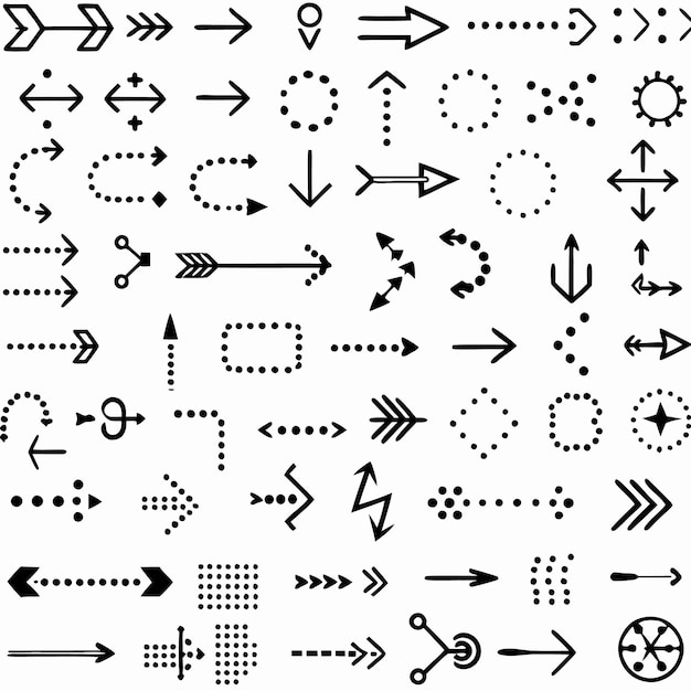 Eine Sammlung von 50 einzigartigen, von Hand gezeichneten schwarzen Pfeilen