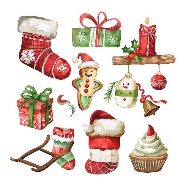 eine Sammlung von Aquarell-Weihnachtsartikeln, darunter Santa Santa Santa und Weihnachtsbaum